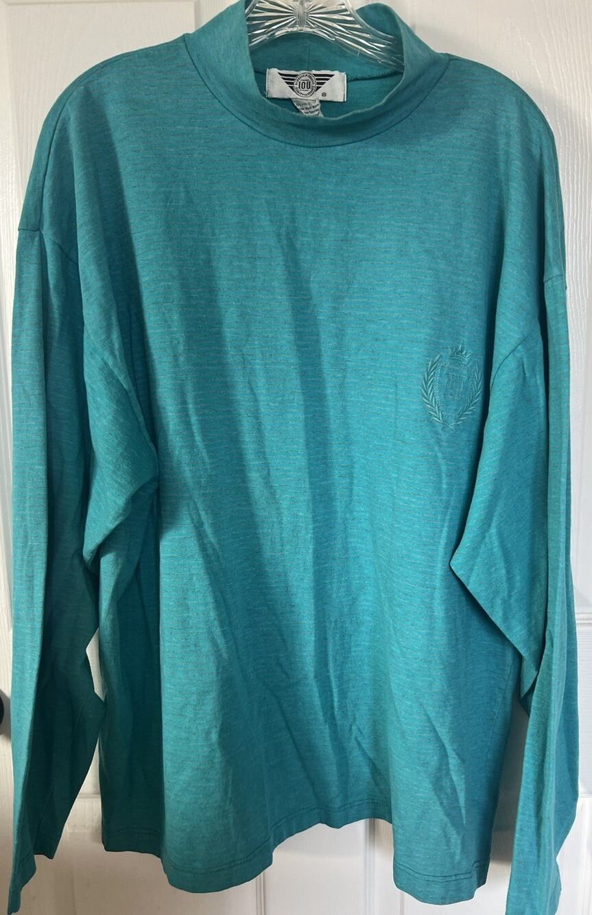 Vintage 80s 90s IOU Mock Turtleneck Shirt Med/Large Teal Gray Striped Retro